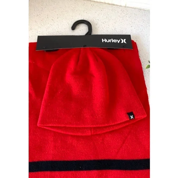 NWT Hurley New Yorker knit Scarf and beanie Red and Black Set OS cute casual - Picture 2 of 5
